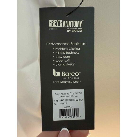 NWT Grey's Anatomy by Barco 2 Pocket V-Neck Shirred Back Scrub Top White XS - Picture 6 of 8